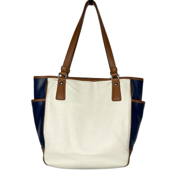 Coach F23683 Leather Legacy Stripe Tote Ivory Navy Brown Shoulder Bag - Picture 12 of 12